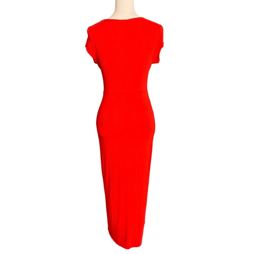 Rolla Coster Red Twist Front Deep V-Neck Midi Dress Small Cap Sleeve Tulip Hem - Picture 3 of 10
